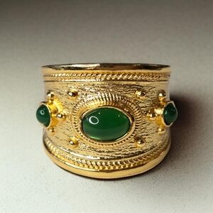 18k Gold Plated Emerald Quartz Byzantine Wide Band Ring